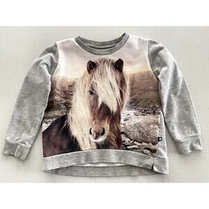 Molo Sz 3-4 Horse Crewneck Sweatshirt Gray Cotton Play School Graphic Unique